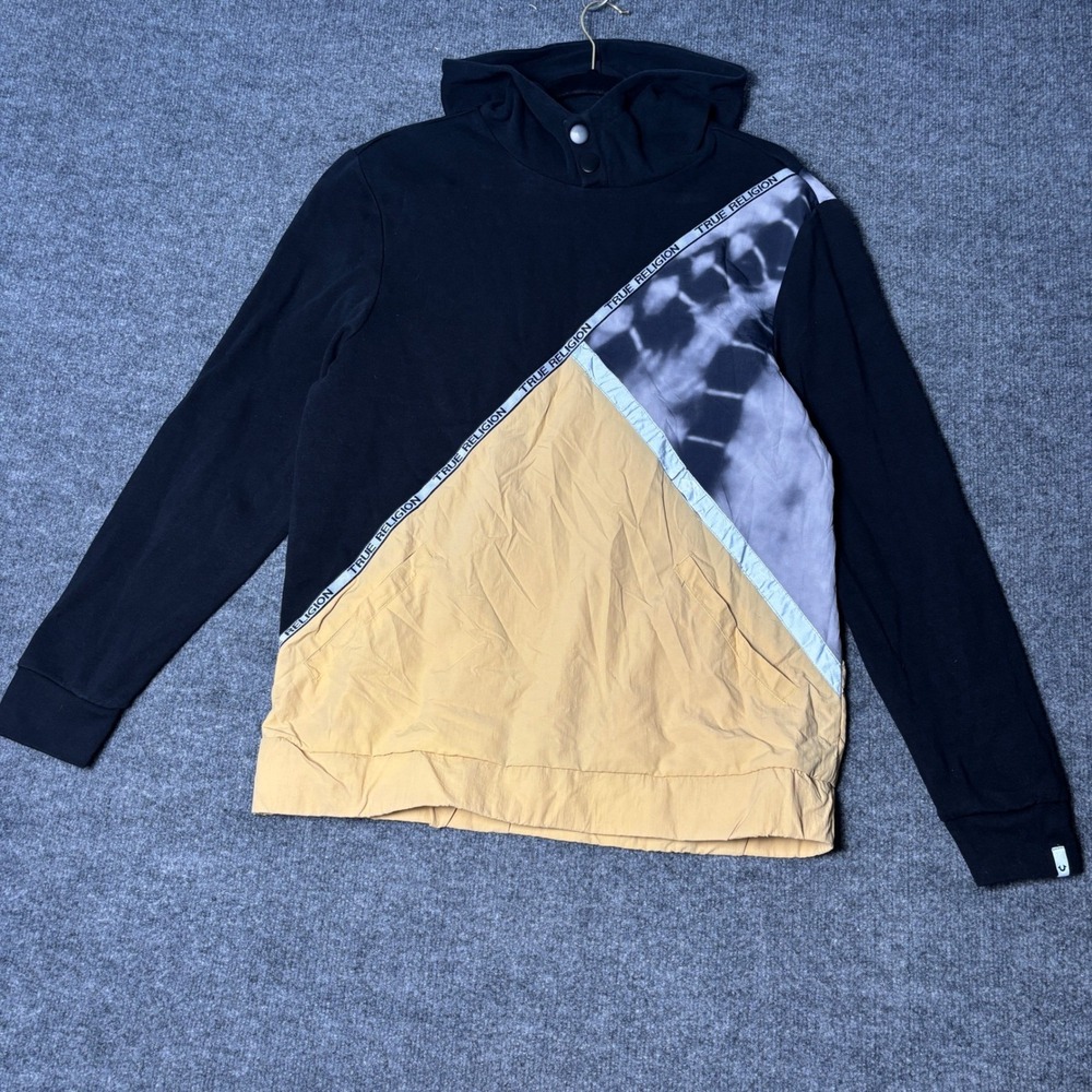 True‎ Religion Colorblock Hoodie Men's Medium Mixed Media Black Tan Pullover